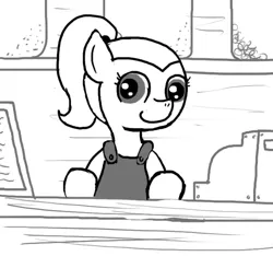 Size: 640x600 | Tagged: safe, artist:ficficponyfic, derpibooru import, oc, unofficial characters only, earth pony, pony, colt quest, cash register, counter, cute, cyoa, female, mare, monochrome, ponytail, shelf, shop, smiling, solo, story included