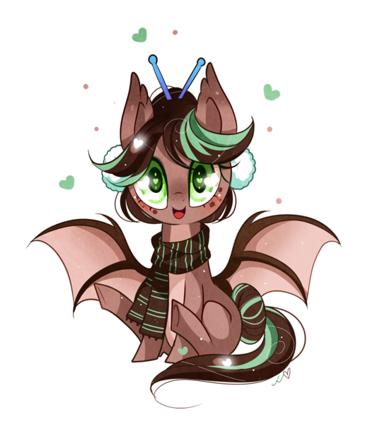 Size: 850x989 | Tagged: safe, artist:ipun, derpibooru import, oc, oc:cocoa dot, unofficial characters only, bat pony, pony, clothes, female, heart, heart eyes, mare, scarf, simple background, sitting, solo, transparent background, wingding eyes