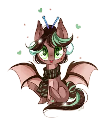 Size: 850x989 | Tagged: safe, artist:ipun, derpibooru import, oc, oc:cocoa dot, unofficial characters only, bat pony, pony, clothes, female, heart, heart eyes, mare, scarf, simple background, sitting, solo, transparent background, wingding eyes