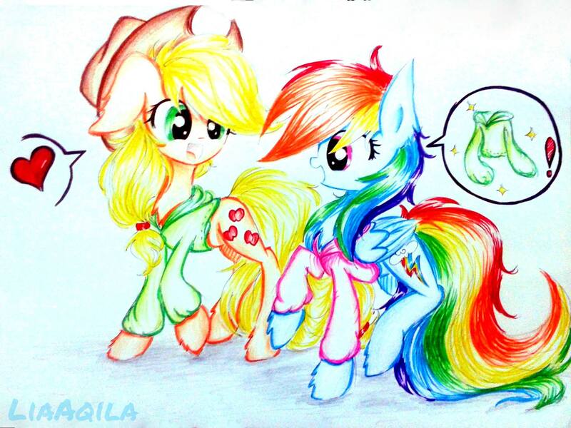 Size: 2016x1512 | Tagged: safe, artist:liaaqila, derpibooru import, applejack, rainbow dash, appledash, bottomless, clothes, cute, dashabetes, female, hnnng, hoodie, jackabetes, lesbian, looking at each other, partial nudity, shipping