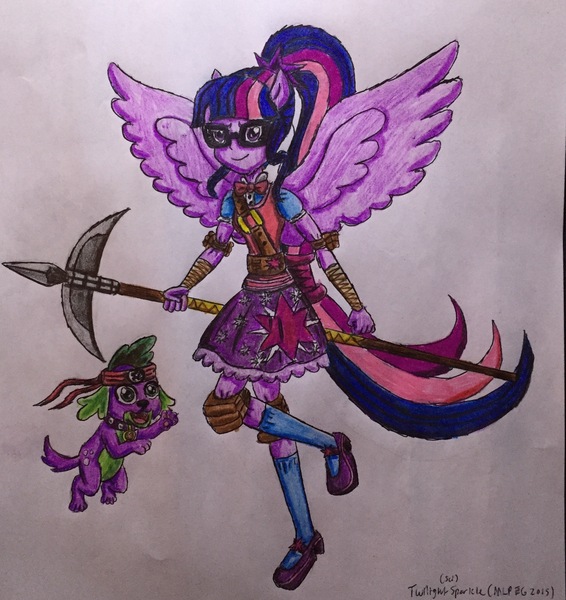 Size: 2269x2407 | Tagged: safe, artist:bozzerkazooers, derpibooru import, sci-twi, spike, spike the regular dog, twilight sparkle, dog, equestria girls, clothes, glasses, ninja, open mouth, ponied up, scitwilicorn, traditional art, weapon, winged humanization, wings