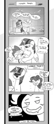 Size: 1451x3300 | Tagged: suggestive, artist:loreto-arts, derpibooru import, pinkie pie, spike, twilight sparkle, twilight sparkle (alicorn), alicorn, dragon, pony, comic:friendship is innuendo, bed, blushing, comic, goddammit pinkie, hospital bed, implied creampie, implied pinkiespike, implied sex, implied threesome, implied twinkiespike, innuendo, monochrome, suddenly pinkie