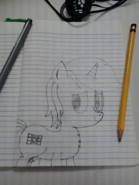 Size: 768x1024 | Tagged: safe, artist:kimjoman, derpibooru import, oc, oc:purple flix, unofficial characters only, pony, grayscale, lined paper, looking at you, monochrome, pencil drawing, smiling, solo, traditional art