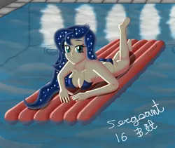 Size: 3000x2532 | Tagged: suggestive, artist:sergeant16bit, derpibooru import, princess luna, equestria girls, ass, bikini, breasts, busty princess luna, clothes, female, floaty, human coloration, moonbutt, solo, solo female, swimming pool, swimsuit