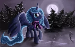 Size: 3840x2400 | Tagged: artist:staremastershy, clothes, derpibooru import, eye reflection, forest, moon, night, princess luna, safe, scarf, snow, solo, spread wings, winter