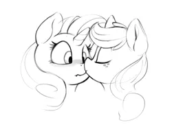 Size: 1280x965 | Tagged: safe, artist:dimfann, derpibooru import, applejack, rarity, blushing, bust, eyes closed, female, grayscale, kissing, lesbian, monochrome, portrait, rarijack, shipping, simple background, white background