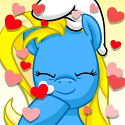 Size: 625x625 | Tagged: safe, derpibooru import, oc, oc:twinkiepie, unofficial characters only, earth pony, pony, crossover, female, hat, heart, mare, smurf hat, smurfette, solo