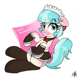 Size: 1000x1000 | Tagged: safe, artist:doriponi, artist:yorozpony, derpibooru import, coco pommel, earth pony, pony, blushing, clothes, female, maid, mare, panties, simple background, solo, underwear, white background