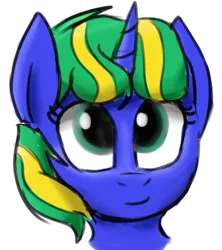 Size: 1429x1609 | Tagged: safe, artist:pucksterv, derpibooru import, oc, oc:treble sketch, unofficial characters only, pony, unicorn, bust, front view, looking up, present, smiling, solo