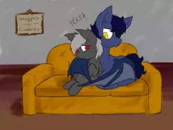 Size: 1091x819 | Tagged: safe, artist:telsa, derpibooru import, oc, oc:deadeye, oc:dusty fang, unofficial characters only, bat pony, pony, couch, hug, katakan, snuggling, winghug