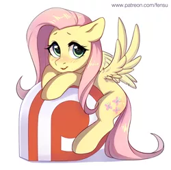 Size: 1446x1434 | Tagged: safe, artist:fensu-san, derpibooru import, fluttershy, pegasus, pony, blushing, cute, female, heart eyes, looking at you, mare, open mouth, patreon, patreon logo, shyabetes, simple background, solo, spread wings, white background, wingding eyes