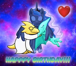 Size: 1236x1080 | Tagged: alphys, artist:majkashinoda626, crossover, crossover shipping, cute, derpibooru import, dinosaur train, eyes closed, gift art, gradient background, happy birthday, heart, hug, lunabetes, princess luna, pterosaur, safe, shipping, smiling, text, trio, undertale, winghug