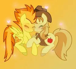 Size: 736x664 | Tagged: safe, artist:littlecrazygirl14, derpibooru import, braeburn, spitfire, earth pony, pegasus, pony, blushing, crack shipping, duo, eyes closed, female, heart, male, mare, orange background, shipping, simple background, spitburn, stallion, straight