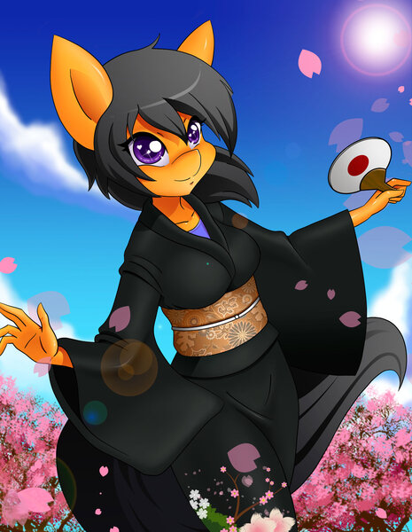 Size: 1024x1320 | Tagged: safe, artist:chacrawarrior, derpibooru import, oc, oc:quick bullet, unofficial characters only, anthro, anthro oc, cherry blossoms, clothes, cute, female, flower, flower blossom, flower petals, heart eyes, kimono (clothing), mare, sky, smiling, solo, starry eyes, sun, wingding eyes