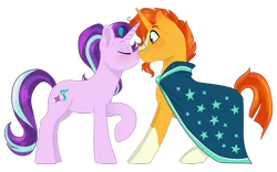 Size: 1600x1000 | Tagged: safe, artist:whisperseas, derpibooru import, starlight glimmer, sunburst, blushing, kissing, male, shipping, simple background, starburst, straight, transparent background