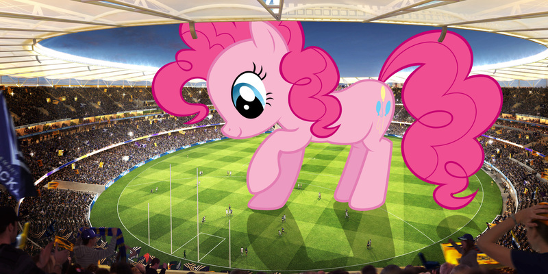 Size: 3000x1500 | Tagged: safe, artist:quasdar, artist:theotterpony, derpibooru import, pinkie pie, pony, australia, australian football, giant pony, giantess, highrise ponies, irl, macro, perth, photo, ponies in real life, stadium