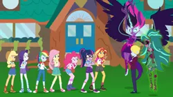 Size: 1920x1080 | Tagged: safe, artist:askometa, artist:dashiemlpfim, artist:wawtoons, artist:xebck, artist:yoshigreenwater, derpibooru import, applejack, fluttershy, gaea everfree, gloriosa daisy, pinkie pie, rainbow dash, sci-twi, sunset shimmer, twilight sparkle, oc, oc:delta brony, equestria girls, legend of everfree, boots, bracelet, clothes, converse, cowboy boots, cowboy hat, crossed arms, denim, dress, equestria girls-ified, fist, floating, freckles, hat, jewelry, magical geodes, midnight sparkle, pants, self paradox, shoes, shorts, skirt, socks