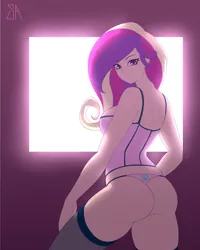 Size: 2400x3000 | Tagged: artist:souladdicted, ass, breasts, busty princess cadance, clothes, colored pupils, corset, cutie mark underwear, dark room, derpibooru import, female, hand on hip, hand on thigh, hot, human, humanized, lingerie, looking at you, looking back, looking over shoulder, lovebutt, milf, mother, panties, pink underwear, pony coloring, princess cadance, purple eyes, rear view, screen, seductive look, seductive pose, sexy, solo, solo female, stockings, suggestive, the ass was fat, thigh highs, thong, underwear