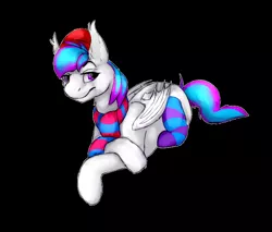 Size: 816x696 | Tagged: safe, artist:opalscentconfetti, derpibooru import, oc, oc:skipseh, unofficial characters only, bat pony, pony, bat ears, bat wings, beanie, clothes, hat, scarf, socks, solo, striped socks