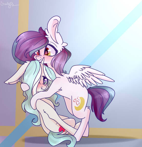 Size: 827x852 | Tagged: safe, artist:emily-826, derpibooru import, oc, oc:yellow light, unofficial characters only, pegasus, pony, unicorn, blushing, female, hug, lesbian