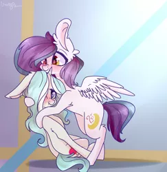 Size: 827x852 | Tagged: safe, artist:emily-826, derpibooru import, oc, oc:yellow light, unofficial characters only, pegasus, pony, unicorn, blushing, female, hug, lesbian