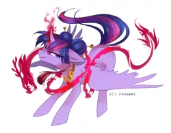 Size: 1024x800 | Tagged: safe, artist:naminzo, derpibooru import, twilight sparkle, twilight sparkle (alicorn), alicorn, pony, alternate hairstyle, dark magic, evil, evil grin, grin, jewelry, looking at you, magic, peytral, signature, simple background, smiling, solo