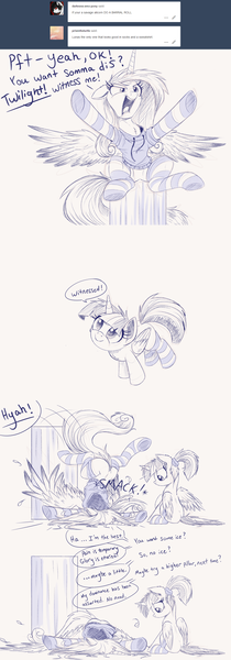 Size: 1280x3664 | Tagged: safe, artist:ncmares, derpibooru import, princess cadance, twilight sparkle, twilight sparkle (alicorn), alicorn, pony, ask majesty incarnate, clothes, comic, cute, faceplant, fail, falling, hoodie, mad max, mad max fury road, majestic as fuck, monochrome, pillar, ponytail, simple background, socks, striped socks, suicidal overconfidence, twiabetes, white background, witness me, witnessed