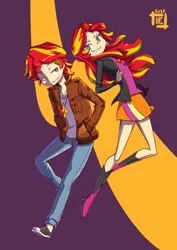 Size: 751x1063 | Tagged: safe, artist:ifauz, derpibooru import, sunset shimmer, equestria girls, breasts, clothes, commission, converse, delicious flat chest, duality, equestria guys, female, half r63 shipping, human coloration, male, rule 63, shipping, shoes, sunglare, sunset glare