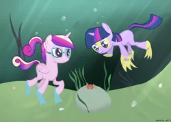 Size: 1200x857 | Tagged: artist:manateemckenzie, crab, derpibooru import, diving, female, filly, filly twilight sparkle, flippers, goggles, princess cadance, safe, snail, swimming, swimming goggles, teen princess cadance, twilight sparkle, underwater, water, younger