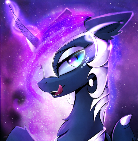 Size: 2480x2530 | Tagged: safe, artist:magnaluna, derpibooru import, nightmare moon, princess luna, alicorn, pony, armor, bat wings, bedroom eyes, bust, chest fluff, ear fluff, eyelashes, eyeshadow, fangs, female, floppy ears, fluffy, galaxy mane, helmet, high res, leg fluff, licking, licking lips, lidded eyes, looking at you, makeup, mare, neck fluff, nightmare luna, open mouth, portrait, raised hoof, sharp teeth, slit eyes, solo, starry eyes, stars, teeth, tongue out, wing fluff, wingding eyes, wings