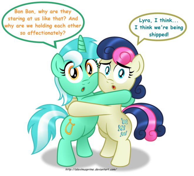 Size: 1600x1453 | Tagged: safe, artist:aleximusprime, derpibooru import, bon bon, lyra heartstrings, sweetie drops, earth pony, pony, unicorn, adorabon, best friends, breaking the fourth wall, cheek squish, cute, dialogue, female, hug, looking at you, lyrabetes, mare, shipping, simple background, squishy cheeks, text, transparent background