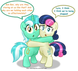Size: 1600x1453 | Tagged: safe, artist:aleximusprime, derpibooru import, bon bon, lyra heartstrings, sweetie drops, earth pony, pony, unicorn, adorabon, best friends, breaking the fourth wall, cheek squish, cute, dialogue, female, hug, looking at you, lyrabetes, mare, shipping, simple background, squishy cheeks, text, transparent background