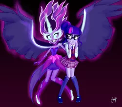 Size: 900x783 | Tagged: safe, artist:bbqgoth, derpibooru import, sci-twi, twilight sparkle, equestria girls, legend of everfree, clothes, dress, glasses, horn, midnight sparkle, pleated skirt, scared, school uniform, self paradox, shoes, signature, skirt, socks, the midnight in me