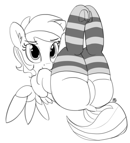 Size: 1280x1404 | Tagged: artist:pabbley, clothes, derpibooru import, dock, featureless crotch, female, legs in air, looking at you, monochrome, on back, plot, rainbow dash, simple background, socks, solo, solo female, spread wings, striped socks, suggestive, underhoof, white background