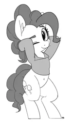 Size: 1153x1920 | Tagged: suggestive, artist:pabbley, derpibooru import, pinkie pie, pony, arm behind head, belly button, bipedal, clothes, dancing, female, grayscale, looking at you, monochrome, one eye closed, shirt, simple background, solo, solo female, white background, wink