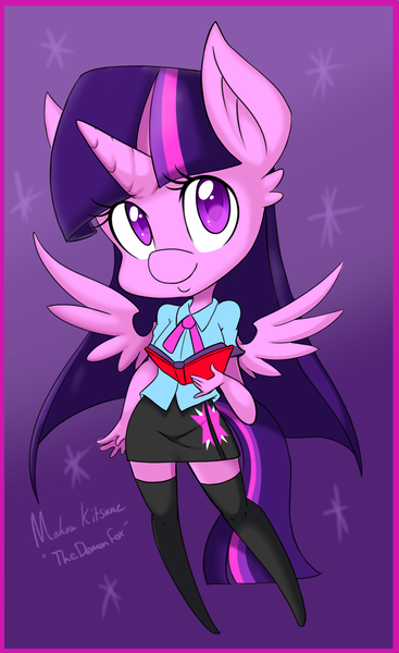 Size: 1261x2060 | Tagged: alicorn, anthro, artist:demonfox, book, chibi, clothes, cute, derpibooru import, equestria girls outfit, miniskirt, safe, signature, skirt, socks, solo, thigh highs, twilight sparkle, twilight sparkle (alicorn), zettai ryouiki