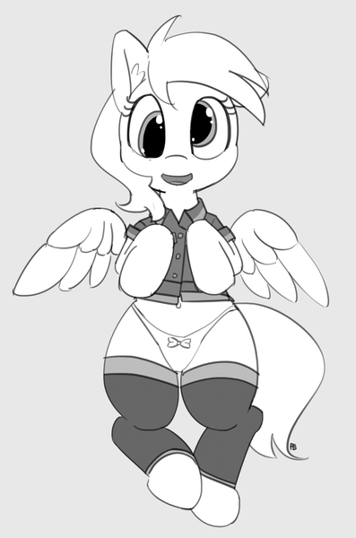 Size: 1270x1920 | Tagged: suggestive, artist:pabbley, derpibooru import, derpy hooves, pegasus, pony, belly button, clothes, cute, female, grayscale, looking at you, mailmare, mare, monochrome, open mouth, panties, simple background, smiling, socks, solo, solo female, underwear, uniform