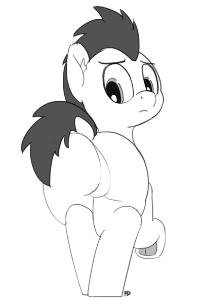 Size: 1276x1920 | Tagged: suggestive, artist:pabbley, derpibooru import, doctor whooves, time turner, pony, dock, featureless crotch, looking back, male, monochrome, plot, raised hoof, simple background, solo, solo male, stallion, the ass was fat, underhoof, white background