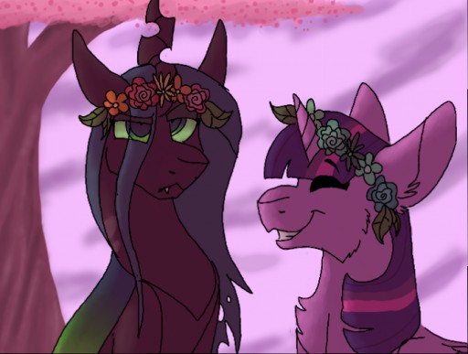 Size: 512x387 | Tagged: safe, artist:bloodredpegasus, derpibooru import, queen chrysalis, twilight sparkle, twilight sparkle (alicorn), alicorn, changeling, pony, female, floral head wreath, flower, lesbian, shipping, smiling, tree, twisalis