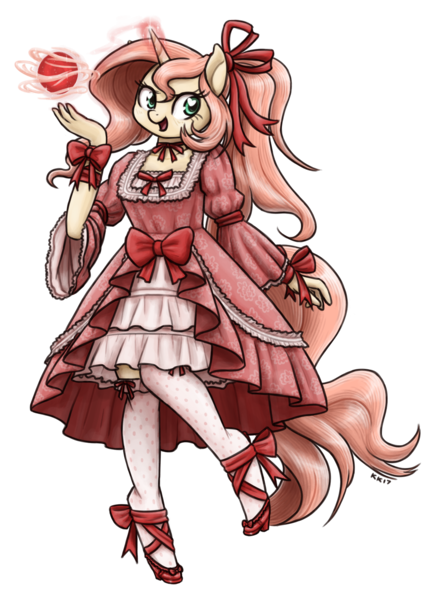 Size: 1280x1767 | Tagged: safe, artist:king-kakapo, derpibooru import, oc, oc:ruby aura, unofficial characters only, anthro, unguligrade anthro, unicorn, bow, clothes, commission, dress, frilly dress, glowing horn, high heels, lolita fashion, magic, ribbon, simple background, socks, solo, stockings, thigh highs, transparent background