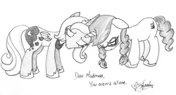 Size: 4310x2335 | Tagged: safe, artist:bluebird-laughing, derpibooru import, princess luna, oc, oc:madmax, alicorn, pony, unicorn, absurd resolution, artifact, duo, eyes closed, grayscale, harsher in hindsight, monochrome, s1 luna, sad, simple background, traditional art, white background