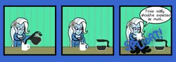 Size: 3300x1173 | Tagged: safe, artist:oneovertwo, derpibooru import, trixie, equestria girls, clothes, coffee, comic, cup, dialogue, frown, hoodie, solo, trixie enemy of, unamused