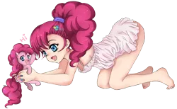 Size: 1144x706 | Tagged: suggestive, artist:d-tomoyo, derpibooru import, pinkie pie, human, pony, anime, balloonbutt, barefoot, bottomless, breasts, busty pinkie pie, clothes, cute, diapinkes, duality, feet, female, holding a pony, human ponidox, humanized, looking at you, nightgown, open mouth, partial nudity, ponytail, self ponidox, sideboob, simple background, smiling, tiny ponies, transparent background, waving