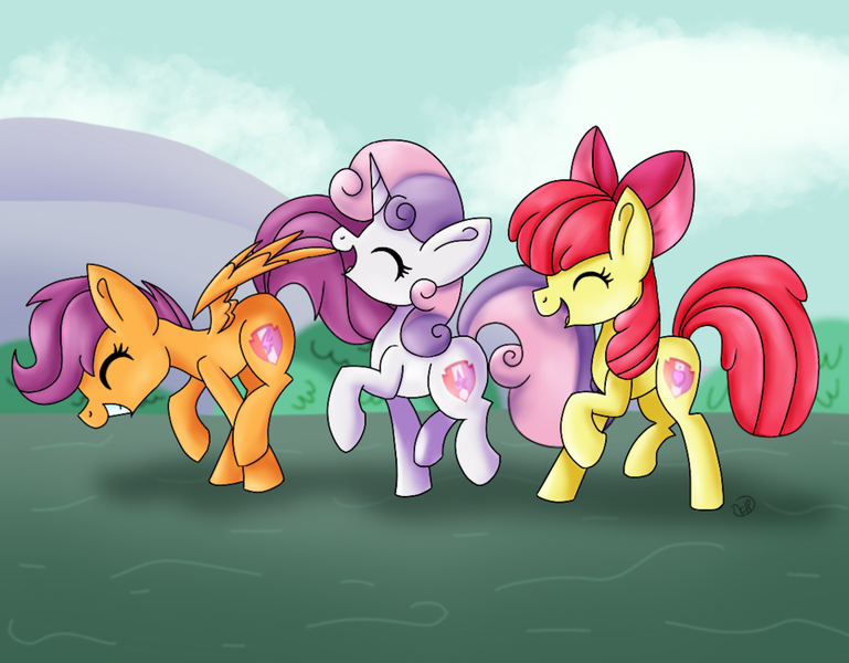 Size: 1024x799 | Tagged: apple bloom, artist:huskywo1f, cutie mark crusaders, derpibooru import, eyes closed, happy, raised hoof, safe, scootaloo, sweetie belle, walking