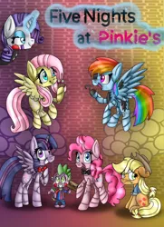 Size: 1024x1414 | Tagged: safe, artist:huskywo1f, derpibooru import, applejack, fluttershy, pinkie pie, rainbow dash, rarity, spike, twilight sparkle, twilight sparkle (alicorn), alicorn, dragon, pony, animatronic, crossover, five nights at freddy's, flying, magic, mane seven, mane six