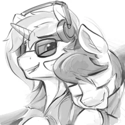 Size: 1280x1280 | Tagged: safe, artist:dimfann, derpibooru import, octavia melody, vinyl scratch, crying, gay, grayscale, headphones, male, monochrome, rule 63, scratchtavia, shipping