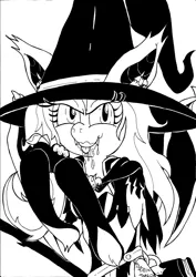 Size: 2480x3494 | Tagged: safe, artist:zkvvtz, derpibooru import, fluttershy, bat pony, pony, vampire, apple, crossover, flutterbat, food, hat, mercyshy, monochrome, overwatch, race swap, solo, tongue out, witch, witch hat