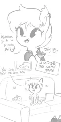 Size: 720x1440 | Tagged: safe, artist:tjpones, derpibooru import, oc, oc:super rad bat gal, unofficial characters only, bat pony, pony, bait and switch, chips, clothes, cocktail, comic, computer, couch, cute, dialogue, ear piercing, earring, food, game jam, grayscale, innuendo, jacket, jewelry, laptop computer, leather jacket, monochrome, nerd, piercing