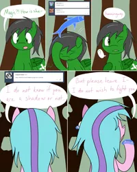 Size: 1631x2043 | Tagged: artist:hummingway, ask-humming-way, derpibooru import, dialogue, forest, oc, oc:feather hummingway, oc:swirly shells, safe, tumblr, tumblr comic, unofficial characters only