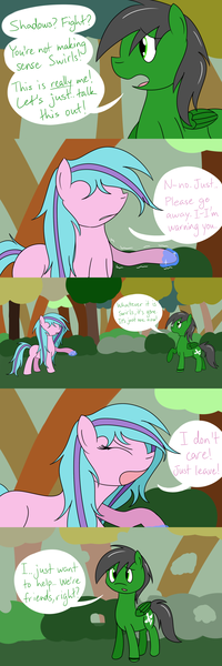 Size: 1280x3840 | Tagged: artist:hummingway, ask-humming-way, derpibooru import, dialogue, forest, oc, oc:feather hummingway, oc:swirly shells, safe, tumblr comic, unofficial characters only